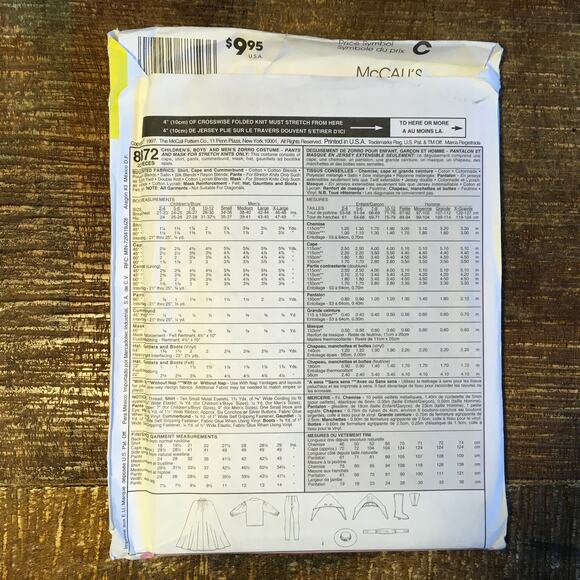 McCalls Sewing Pattern 8872 Boys Legend of Zorro Costume Mask Cape 7-8 UNCUT - Picture 2 of 2